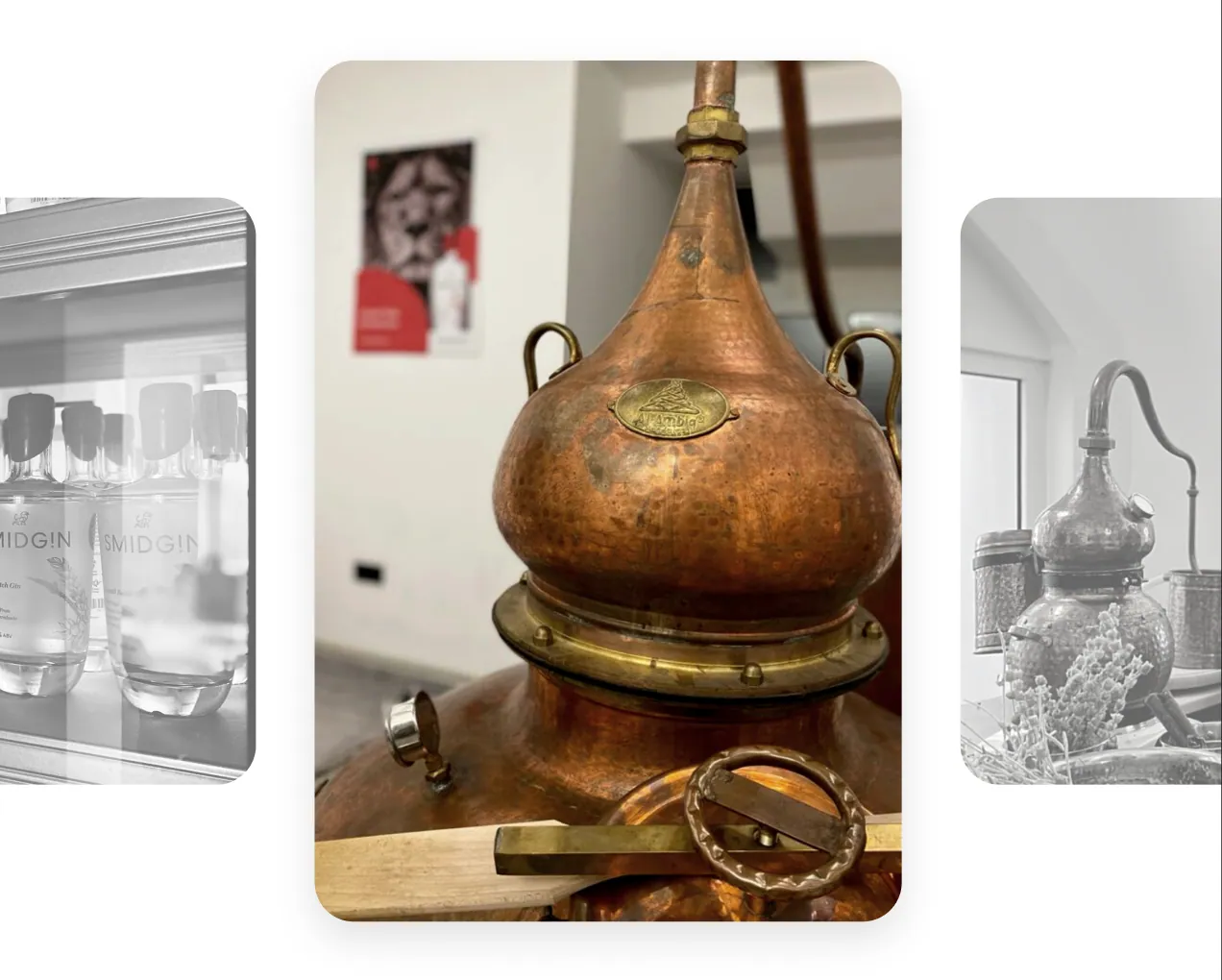 A copper alembic still in the MCM distillery, flanked by black and white photographs of the still room and shelves of Smidgin bottles
